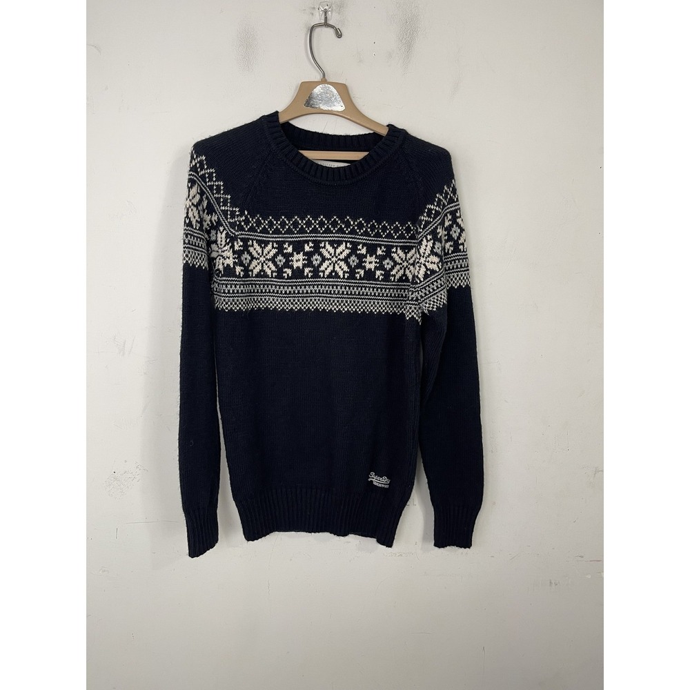 Superdry Mens Sweater Medium Vintage Nordic Knit Fair Isle Navy Blue Ski Holiday
